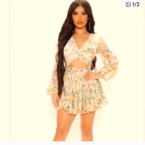 Fashion Nova Floral Long Sleeve Dress - Cream and Green